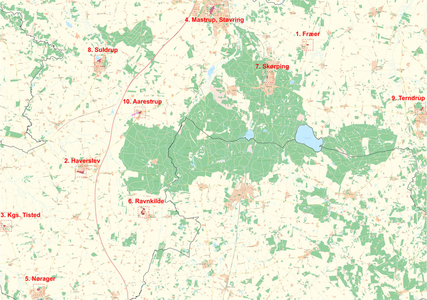 Oversigtskort over 10 Bioparker i Rebild kommune